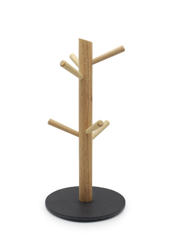 Wooden Coffee Mug Tree Holder Bamboo Coffee Cup Stand Countertop Mug Rack  with 6 Hooks for Kitchen Coffee Counter Bar 