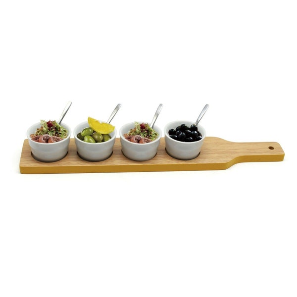 Wooden Paddle Porcelain Nibbles Bowls Snack Dip Tray Appetizer Tapas Serving Set