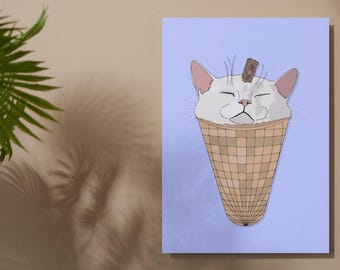 Funny Cat Birthday Card: A5 Glossy Print - Food Lover Design