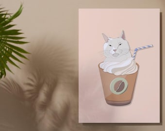 Funny Cat Birthday Card: Coffee Lover Greetings Card - A5 Print