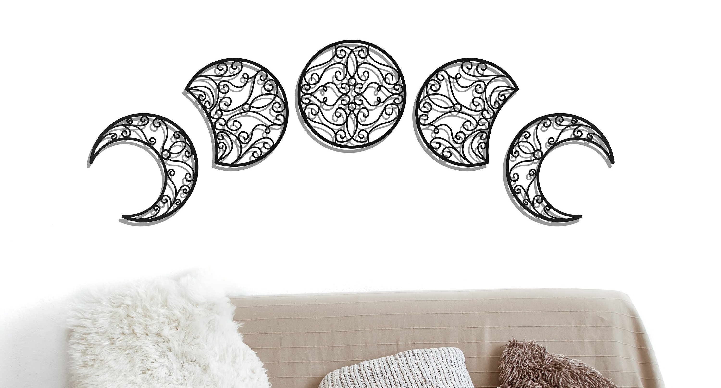 Lunar Phase Wall Hanging, Metal Moon Wall Art Set, Yoga Wall Decor