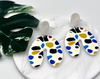 Mosaic Pattern Earrings- White Arch Earrings- 90s Vintage Style Earrings- 925 Sterling Silver Earrings- Summer Earrings- Vacation Jewelry