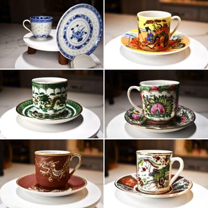 Peut inclure: Six tasses à thé et soucoupes avec différents motifs floraux et décoratifs. Les tasses à thé sont blanches avec une bordure dorée et présentent différents motifs colorés. Les soucoupes sont blanches avec une bordure dorée et assorties aux tasses à thé.