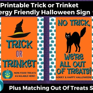 Printable Trick or Trinket Allergy Safe Halloween Sign & Matching Out of Treats INSTANT DOWNLOAD, Allergy Free Halloween, Non-Food Treats image 1