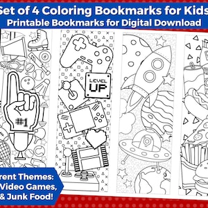 4 Printable Coloring Bookmarks for Kids- INSTANT DOWNLOAD | Color your own bookmarks with 4 themes- sports, video games, space, & junk food!