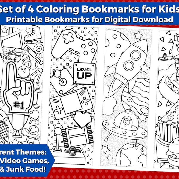 4 Printable Coloring Bookmarks for Kids- INSTANT DOWNLOAD | Color your own bookmarks with 4 themes- sports, video games, space, & junk food!