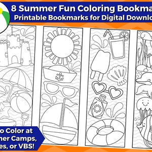 May include: Eight black and white printable bookmarks featuring summer themes. The bookmarks include images of a beach ball, a sandcastle, a sun, sunglasses, a sailboat, an ice cream cone, a seashell, a glass of lemonade, a turtle, a dolphin, a jellyfish, and a fish.