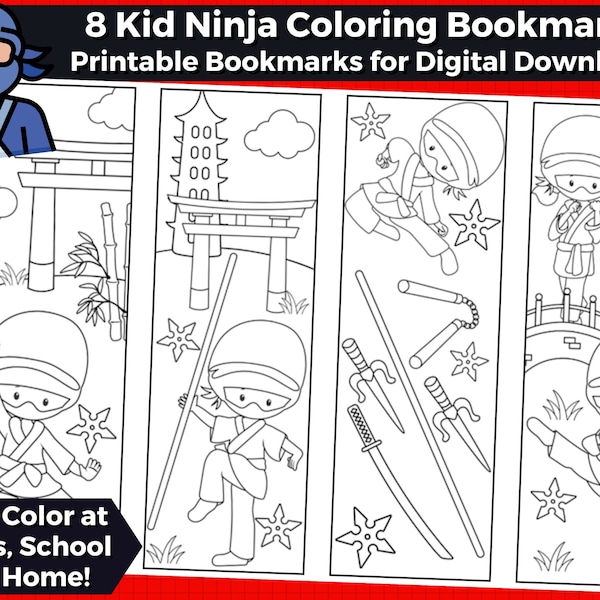 8 Kid Ninja Printable Coloring Bookmarks for Kids- INSTANT DOWNLOAD | Color your own bookmarks-Ninja boy, Ninja girl, Ninja Party Favors!