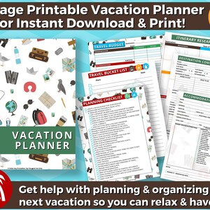Printable Vacation Planner INSTANT DOWNLOAD- Travel Planner, Vacation Organizer, Printable Vacation Itinerary, Packing Lists, Travel Journal