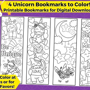 4 Unicorn Printable Coloring Bookmarks for Kids- INSTANT DOWNLOAD | Color your own bookmarks- Unicorn Birthday Favors, Unicorn Coloring Page