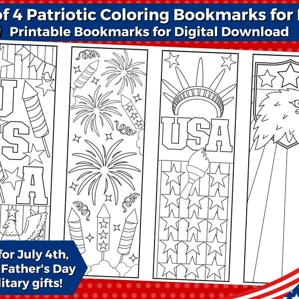 4th of July Printable Coloring Bookmarks for Kids-INSTANT DOWNLOAD|Color your own 4th of July bookmarks, Patriotic printables, USA printable