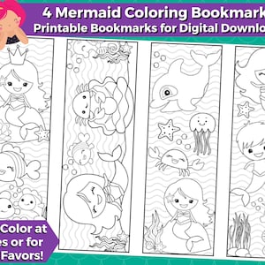 4 Mermaid Printable Coloring Bookmarks for Kids-INSTANT DOWNLOAD | Color your own bookmarks-Mermaid Birthday Party Favors, Under the Sea Fun