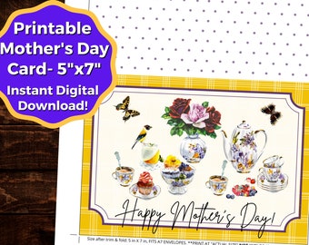 Happy Mother's Day Card Printable INSTANT DIGITAL DOWNLOAD | Printable Mother's Day Card, Floral Card, Greeting Card, Elegant Tea Party