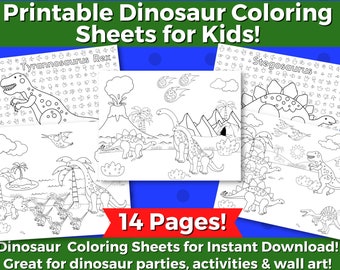 Dibujos de dinosaurios para colorear para niños / 14 hojas imprimibles, actividad para fiestas de cumpleaños (descarga digital)
