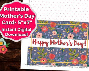 Mother's Day Card Printable INSTANT DIGITAL DOWNLOAD | Printable Mother's Day Card, Floral Card, Greeting Card, Happy Mother's Day Card