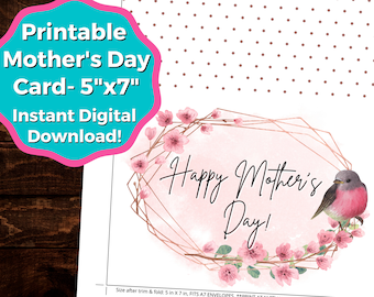 Happy Mother's Day Card Printable INSTANT DIGITAL DOWNLOAD | Printable Mother's Day Card, Floral Card, Greeting Card, Bird & Cherry Blossoms