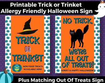 Printable Trick or Trinket Allergy Safe Halloween Sign & Matching Out of Treats- INSTANT DOWNLOAD, Allergy Free Halloween, Non-Food Treats