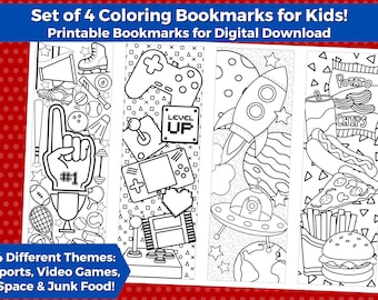 4 Printable Coloring Bookmarks for Kids- INSTANT DOWNLOAD | Color your own bookmarks with 4 themes- sports, video games, space, & junk food!