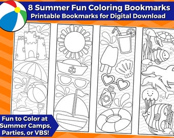 8 Summer Fun Printable Coloring Bookmarks for Kids-INSTANT DOWNLOAD | Color your own bookmarks- summer coloring, beach coloring, vacation