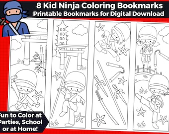 8 Kid Ninja Printable Coloring Bookmarks for Kids- INSTANT DOWNLOAD | Color your own bookmarks-Ninja boy, Ninja girl, Ninja Party Favors!