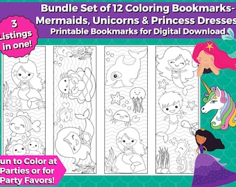 Coloring Bookmarks Bundle – Unicorn, Mermaid, Princess (Digital Download)