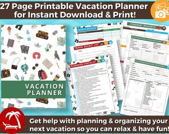 Printable Vacation Planner INSTANT DOWNLOAD- Travel Planner, Vacation Organizer, Printable Vacation Itinerary, Packing Lists, Travel Journal