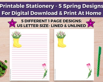 Printable Stationery- 5 Spring Designs for DIGITAL DOWNLOAD PDF | Journal Paper, Note Paper, Floral Writing Paper, Letter Paper, Writing Set