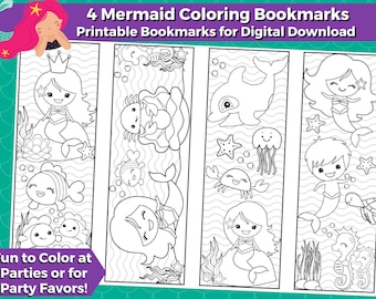 4 Mermaid Printable Coloring Bookmarks for Kids-INSTANT DOWNLOAD | Color your own bookmarks-Mermaid Birthday Party Favors, Under the Sea Fun