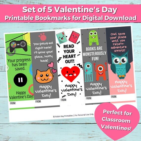 Printable Valentine's Card for Kids, Valentine Bookmarks, Printable Bookmarks, Non-Candy Valentines for School, Class Valentines, Vday cards