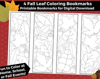 4 Fall Leaf Printable Coloring Bookmarks for Kids or Adults- INSTANT DOWNLOAD | Color your own bookmarks, Autumn Coloring, Cozy Fall Leaves