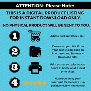 May include: A blue background with white stars and a four-step guide for downloading a digital product. The steps are numbered 1 through 4 and include icons for a shopping cart, a folder with a download arrow, a printer, and five stars.