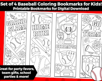 4 Baseball Themed Printable Coloring Bookmarks for Kids- INSTANT DOWNLOAD | Color your own baseball bookmarks! Sports gifts, Baseball party