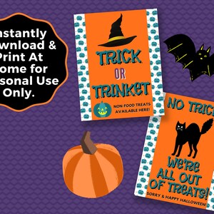 Printable Trick or Trinket Allergy Safe Halloween Sign & Matching Out of Treats INSTANT DOWNLOAD, Allergy Free Halloween, Non-Food Treats image 3