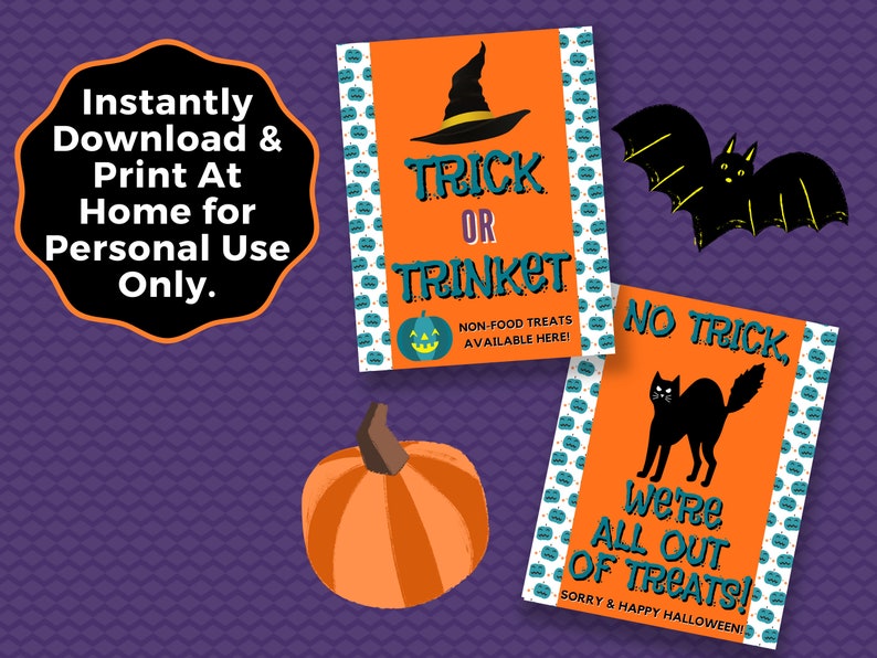 Printable Trick or Trinket Allergy Safe Halloween Sign & Matching Out of Treats INSTANT DOWNLOAD, Allergy Free Halloween, Non-Food Treats image 3