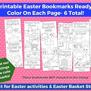 May include: Six black and white printable Easter bookmarks featuring religious and spring themes. The bookmarks include images of crosses, lambs, chicks, bunnies, and flowers. The text on the bookmarks includes "Happy Easter!" "Christ is Risen!" "Jesus Loves You!" and "Stand Up & Cheer, Easter is Here!"
