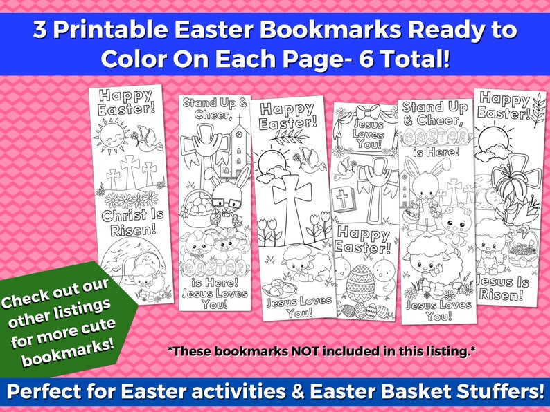 May include: Six black and white printable Easter bookmarks featuring religious and spring themes. The bookmarks include images of crosses, lambs, chicks, bunnies, and flowers. The text on the bookmarks includes "Happy Easter!" "Christ is Risen!" "Jesus Loves You!" and "Stand Up & Cheer, Easter is Here!"