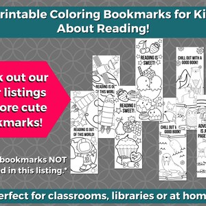 May include: Eight black and white printable bookmarks for kids featuring various themes related to reading. The bookmarks include images of a rocket, an astronaut, a cupcake, an ice cream cone, a polar bear, a penguin, a hot air balloon, and a ship. The text on the bookmarks reads "Reading is out of this world!" "Reading is sweet!" "Chill out with a good book!" and "Adventure is just a page away!"