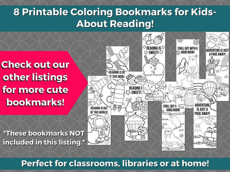 May include: Eight black and white printable bookmarks for kids featuring various themes related to reading. The bookmarks include images of a rocket, an astronaut, a cupcake, an ice cream cone, a polar bear, a penguin, a hot air balloon, and a ship. The text on the bookmarks reads "Reading is out of this world!" "Reading is sweet!" "Chill out with a good book!" and "Adventure is just a page away!"