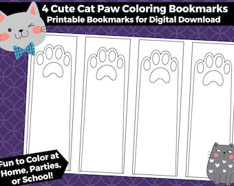 Cat Paw Coloring Bookmarks for Kids | Printable Bookmarks (Digital Download)