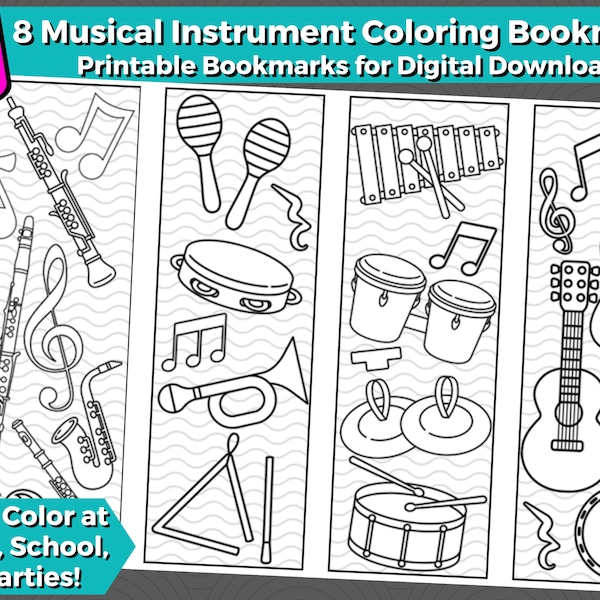 8 Musical Instrument Printable Coloring Bookmarks for Kids- INSTANT DOWNLOAD | Color your own bookmarks-Piano, trumpet, drums, banjo, bongos