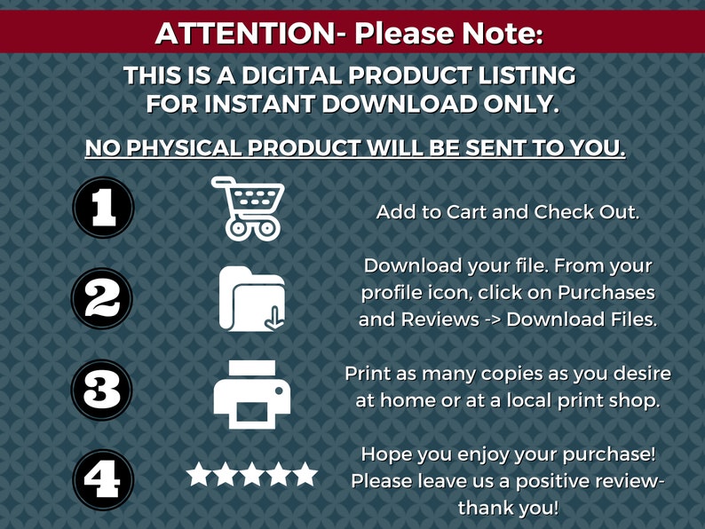Pode incluir: Um gr&aacute;fico azul e branco com instru&ccedil;&otilde;es sobre como baixar um produto digital. O gr&aacute;fico inclui um carrinho de compras, uma pasta com uma seta de download, uma impressora e cinco estrelas.