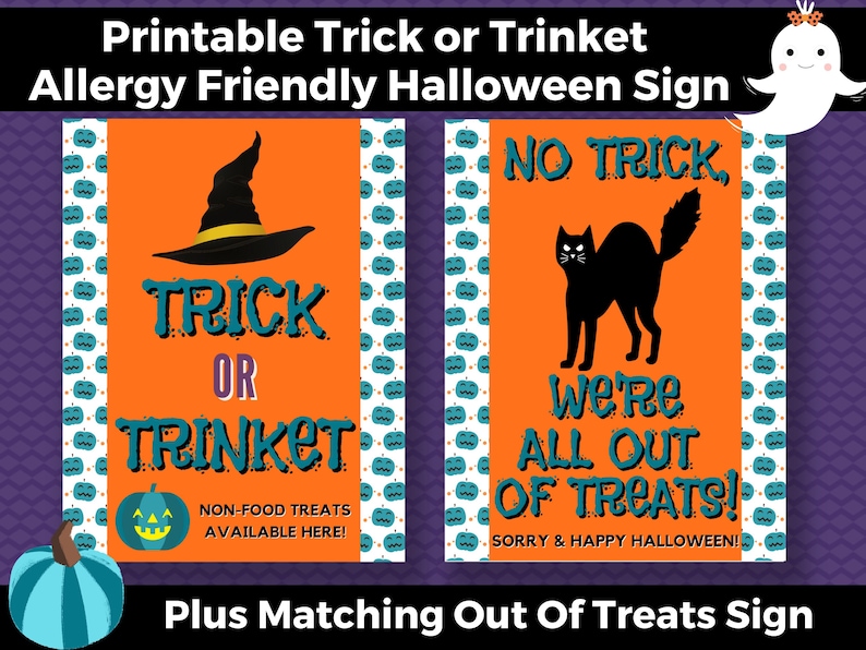 Printable Trick or Trinket Allergy Safe Halloween Sign & Matching Out of Treats INSTANT DOWNLOAD, Allergy Free Halloween, Non-Food Treats image 1