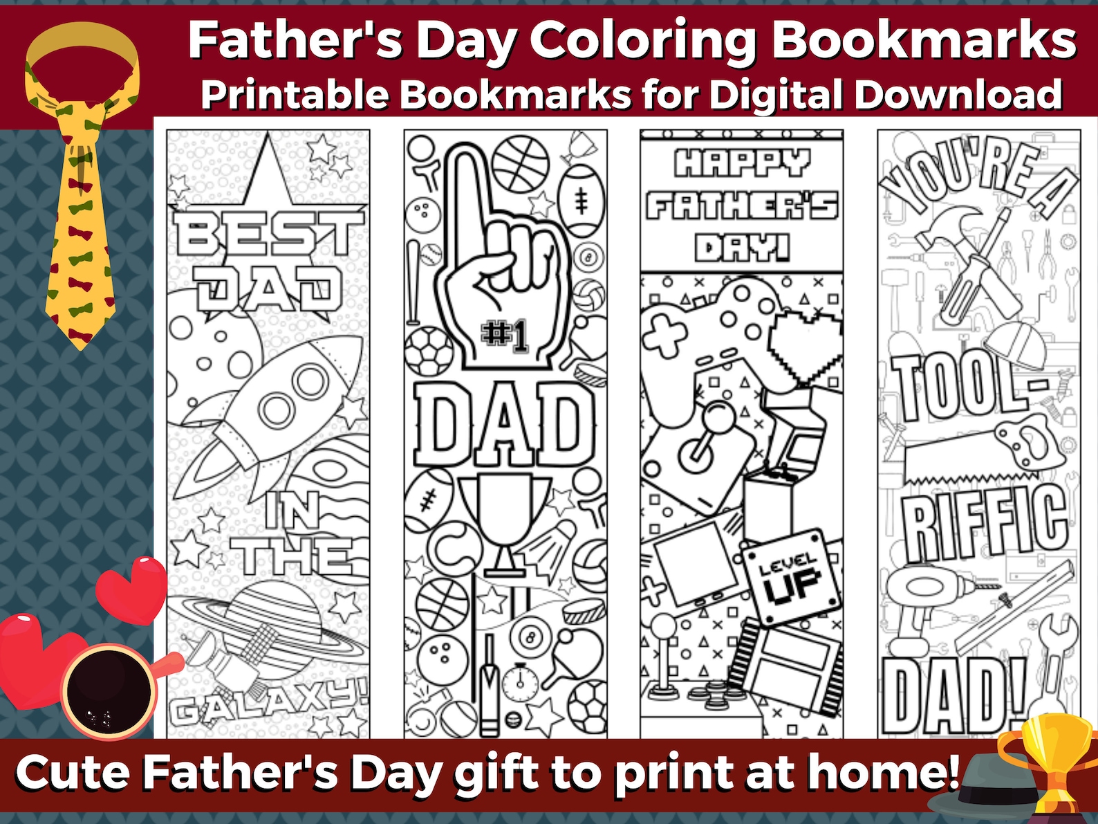 fathers day printable coloring bookmarks instant etsy