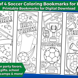 4 Soccer Themed Printable Coloring Bookmarks for Kids- INSTANT DOWNLOAD | Color your own soccer bookmarks! Sports gifts, Soccer party