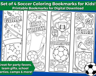 4 Soccer Themed Printable Coloring Bookmarks for Kids- INSTANT DOWNLOAD | Color your own soccer bookmarks! Sports gifts, Soccer party