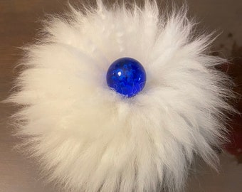 Luxurious HandMade..Vintage Style..100% Natural Merino SheepSkin Powder Puff, Blue Bubble Globe Handle 6-7 inch in size. By BodyBloomer