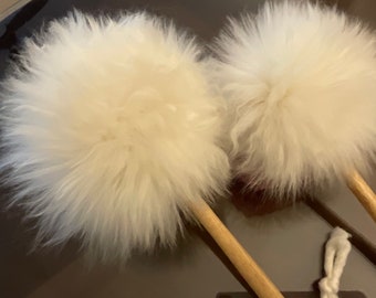 Luxurious HandCrafted..Vintage Style.. 100% Natural Merino SheepSkin Powder Puff with Longer Round Wooden Handle.. By BodyBloomer