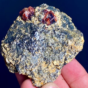 May include: A natural mineral specimen featuring a dark grey and tan rock matrix. Two vibrant, reddish-brown garnet crystals are embedded within the rough surface. The rock's texture is coarse, showcasing visible crystalline details.