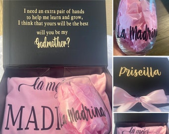 Godmother Proposal Box with custom wine glass / la madrina gift set / quieres ser mi madrina