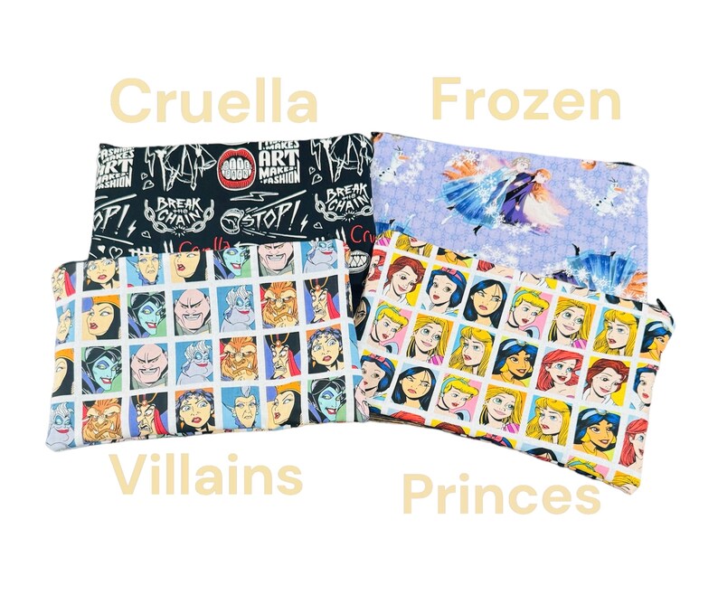 May include: Four different zippered pouches with various Disney character prints. The pouches are made of fabric and have a black zipper. The prints include Cruella de Vil, Frozen, Disney Villains, and Disney Princes.